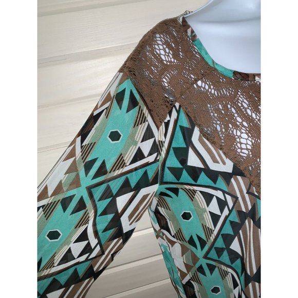 Rancho Estancia Sz MEDIUM Green Brown Southwest Chiffon Lace Trim Tunic EUC - Picture 5 of 11